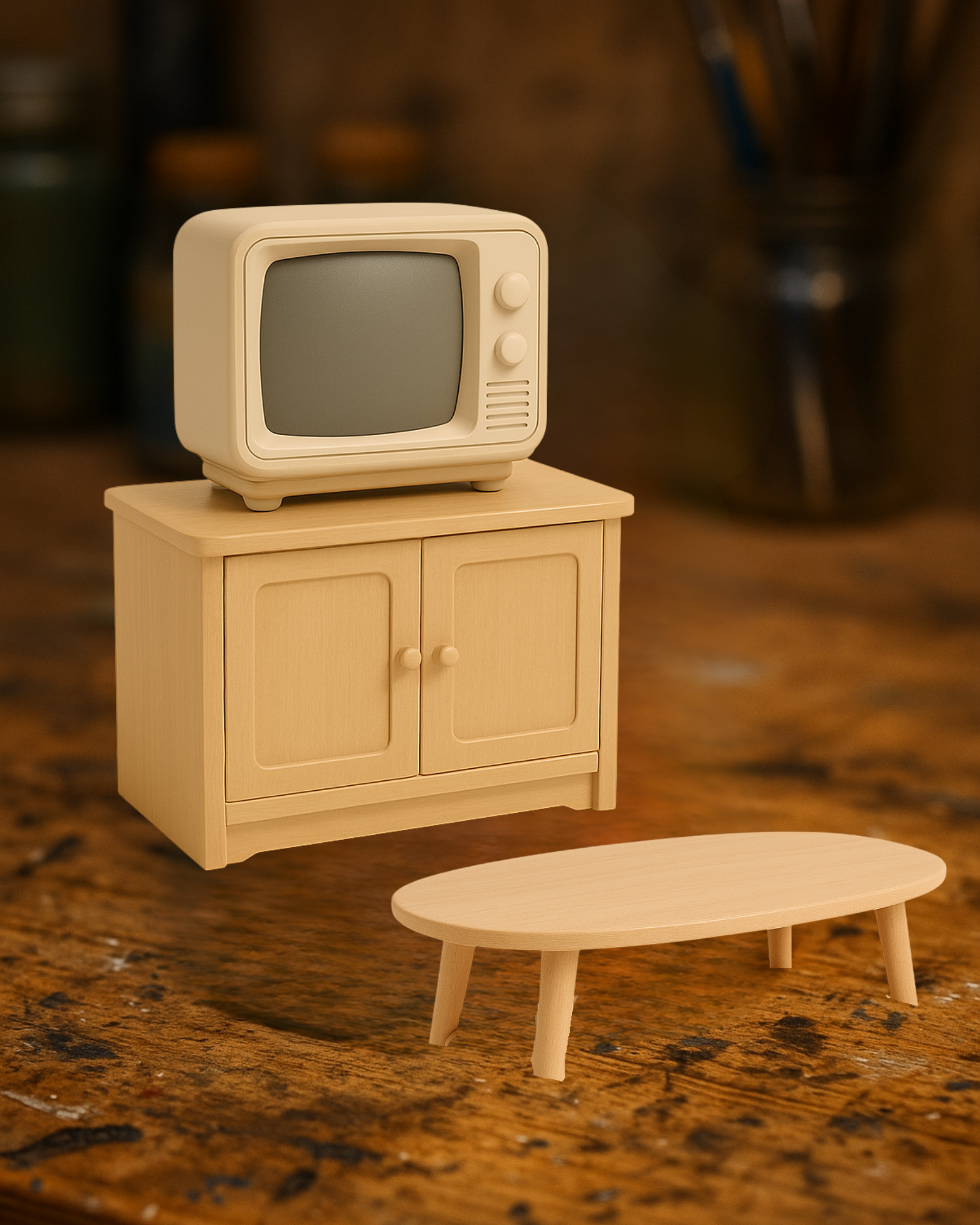 Mini Retro TV Set with Cabinet and Coffee Table