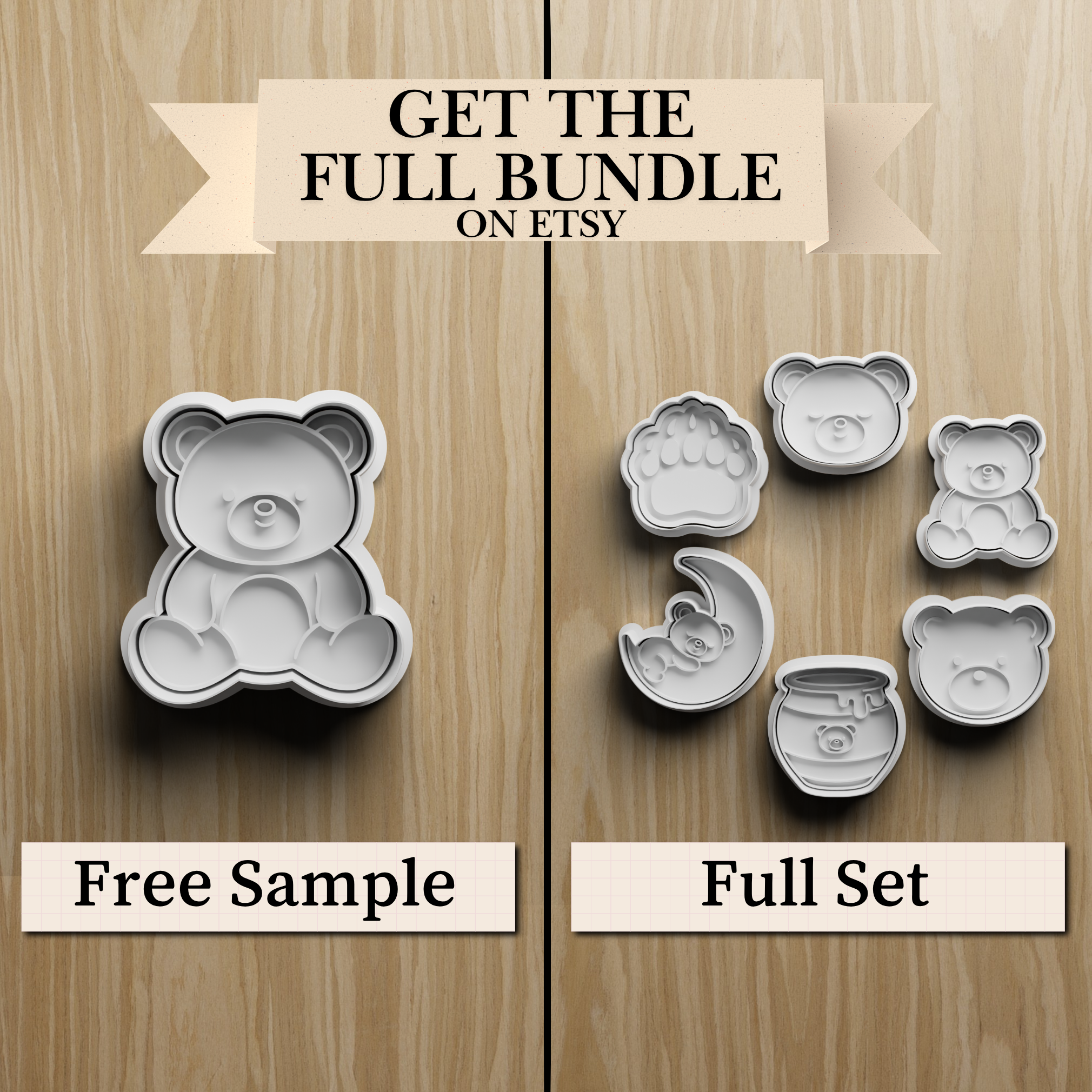 Free Sample of 6 Teddy Bear Cookie Cutter STL Set, 6 Bear Designs, 3D Print File 3D model