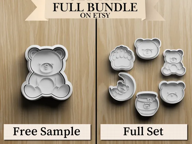Free Sample of 6 Teddy Bear Cookie Cutter STL Set, 6 Bear Designs, 3D Print File