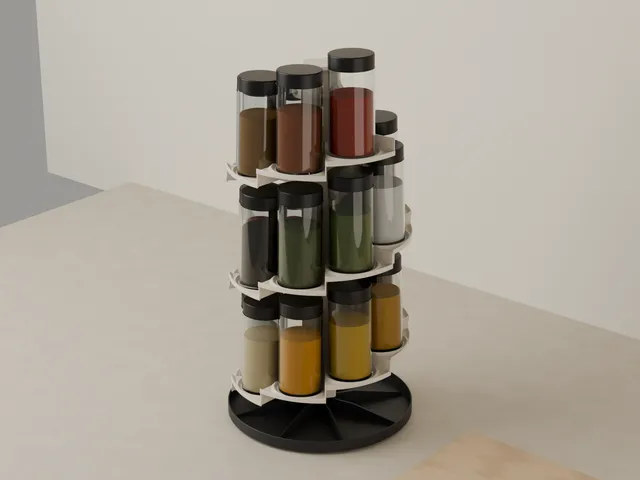 Rotating Spiral Spice Tower – Helix Stair, 20 Round Jars on a 200 mm Tray, Turns on 608 Bearings