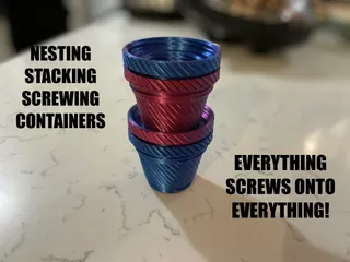 Nesting stacking screwing containers