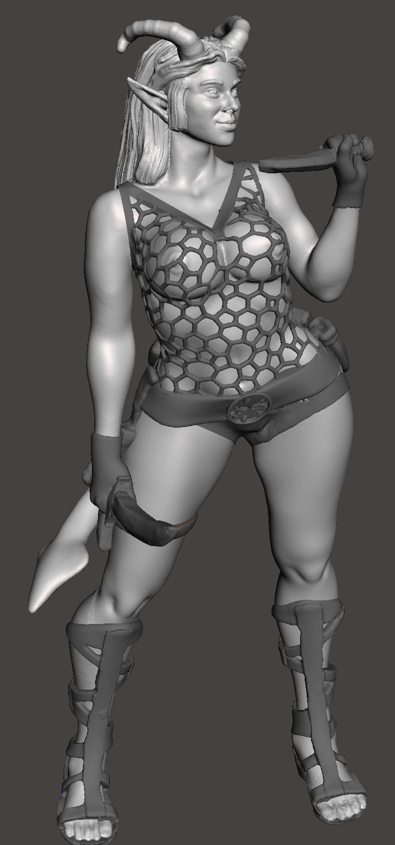 Frisky Tiefling, curvy female in fishnet leotard with shortsword and dagger