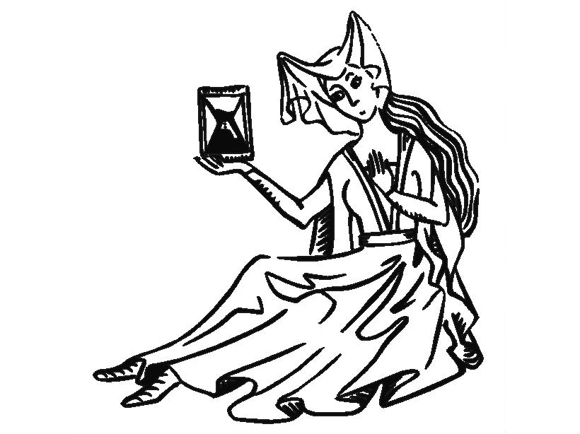 Frau mit Sanduhr - Woman ponders Time - printed mediaval drawing