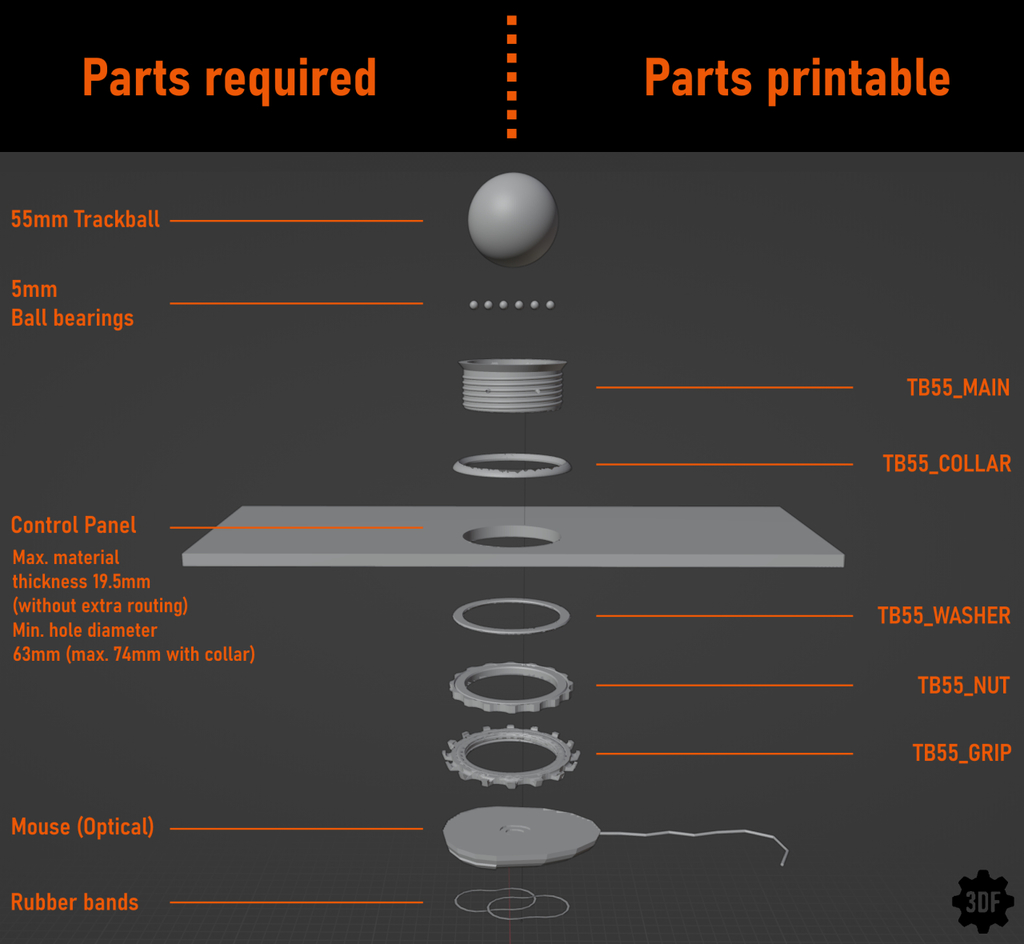 55mm Arcade Trackball Assembly STL Version! by 3DFreeman Download