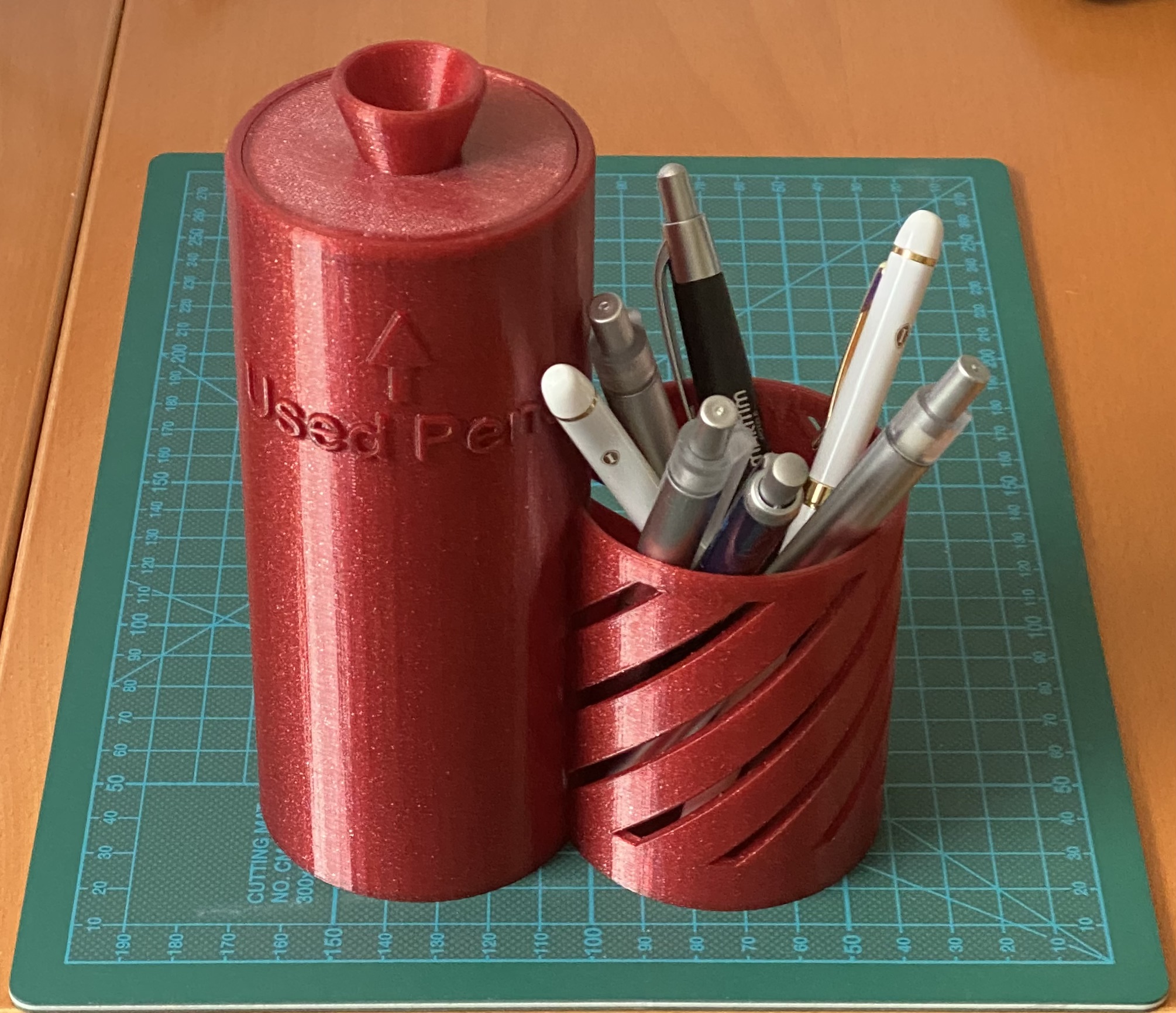 COVID-safe pen holder with "used pens" disposal container