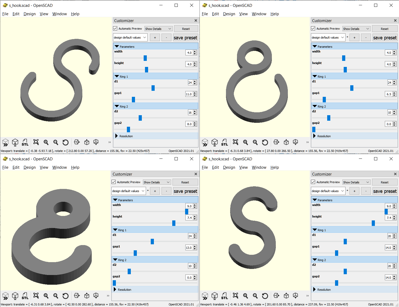Customisable OpenSCAD S-hooks