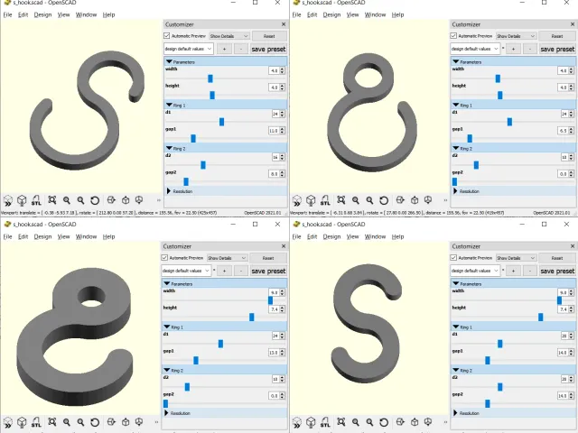 Customisable OpenSCAD S-hooks