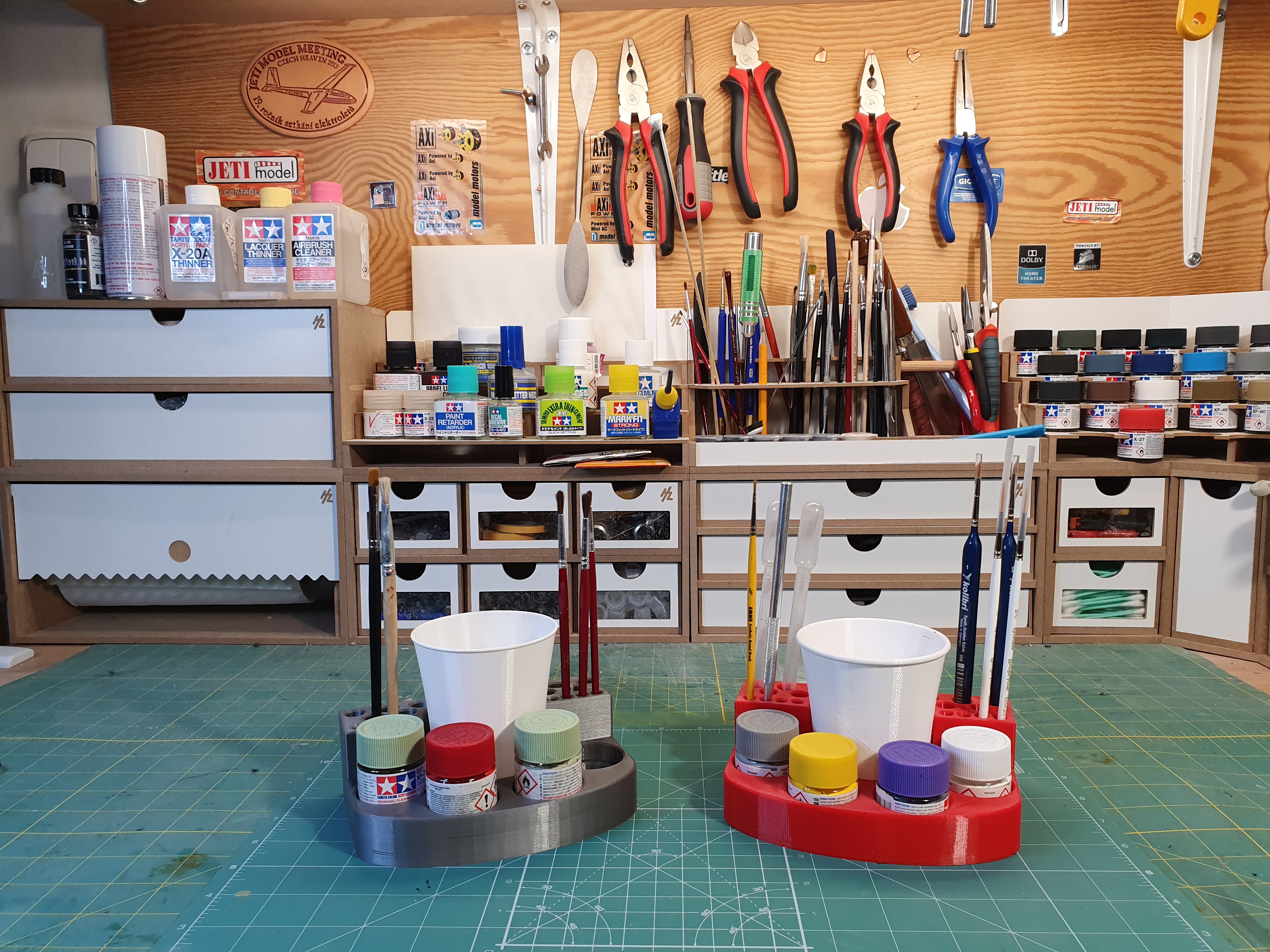 Brush, cup and Tamiya 10ml acrylic paint holder for scale modelers