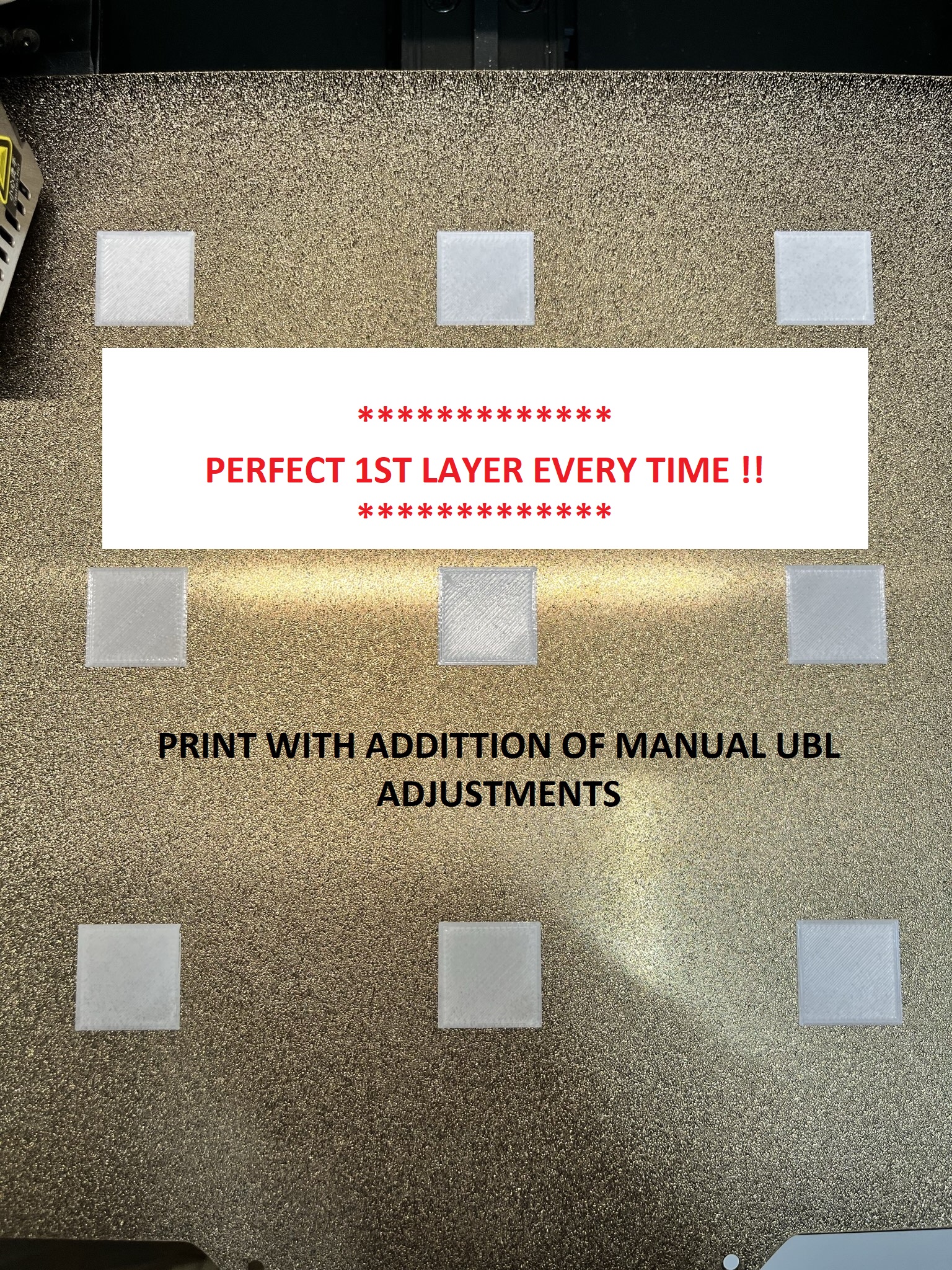 Perfect 1st layers! Ender 3 v2, Ender 3S1, Ender 3S1 Pro - 3x3 Calibration Bed Leveling Squares optimized for Professional firmware with UBL