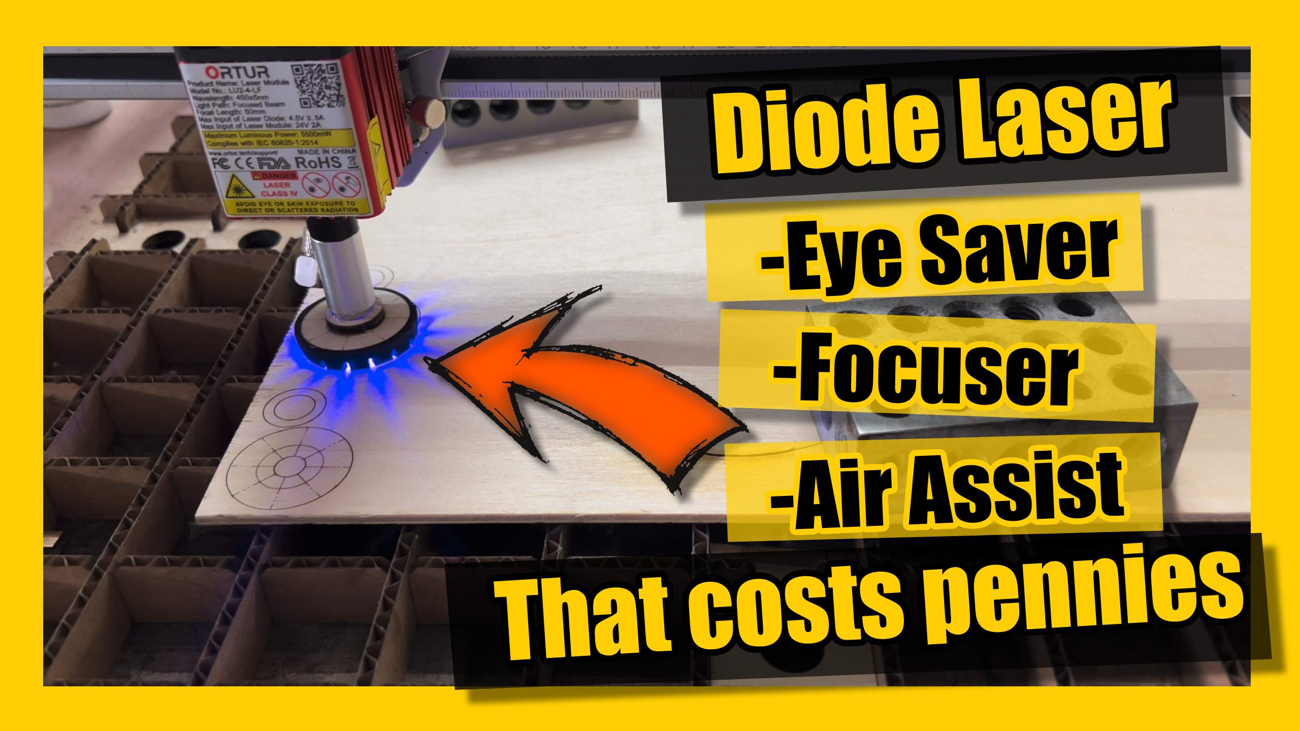 Diode laser cutter engraver. Eye saver, air assist, and focuser