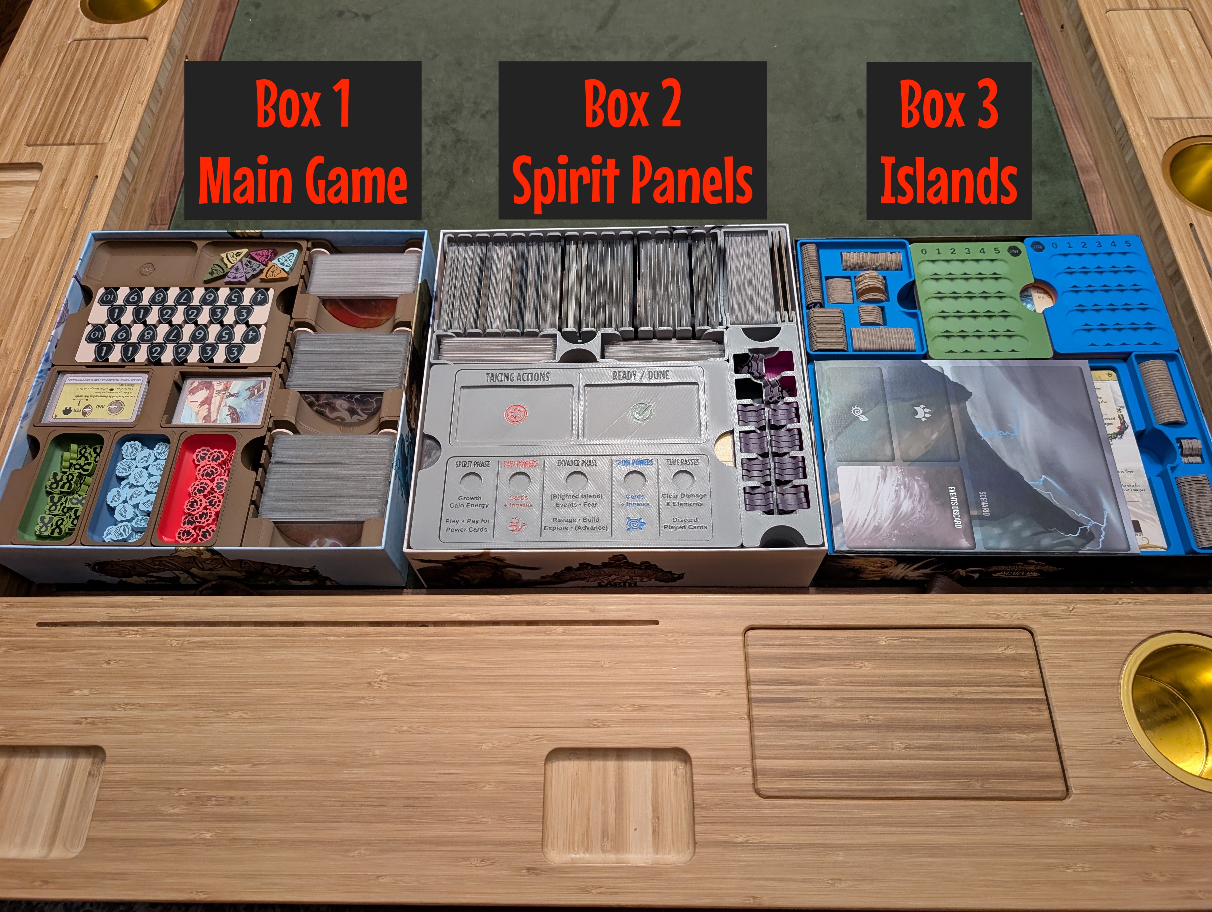 Nine Spirits' Islands - 3-box organizer for ALL Spirit Island content, optimized for 1 to 9+ players