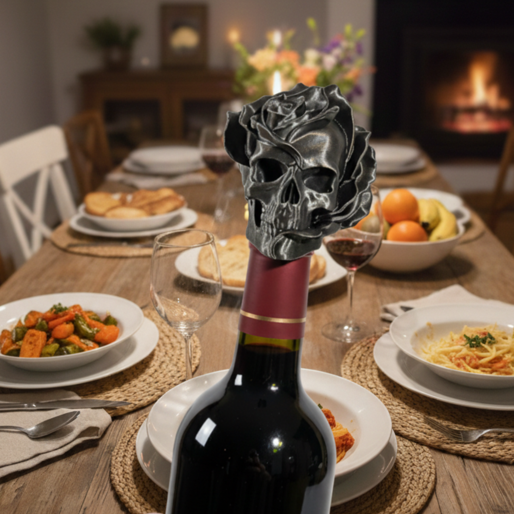 SKELETON HEAD ROSE - WINE BOTTLE LID / THE PERFECT WINE BOTTLE GIFT UPGRADE / PRESENT / GOTHIC