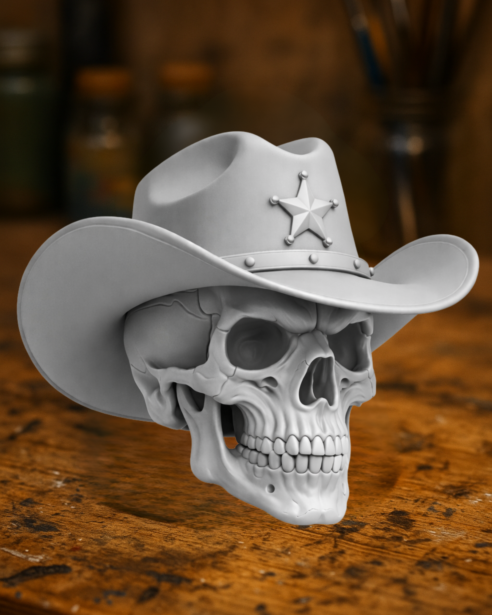 Cowboy Skull with Sheriff Hat – Decorative Skull Sculpture