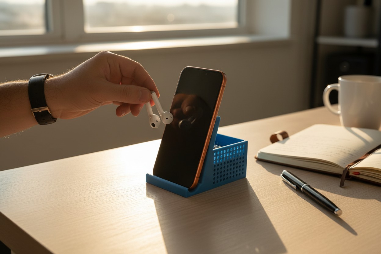 Phone Stand Organizer | Desk Dock with Storage Tray for Earbuds & Accessories