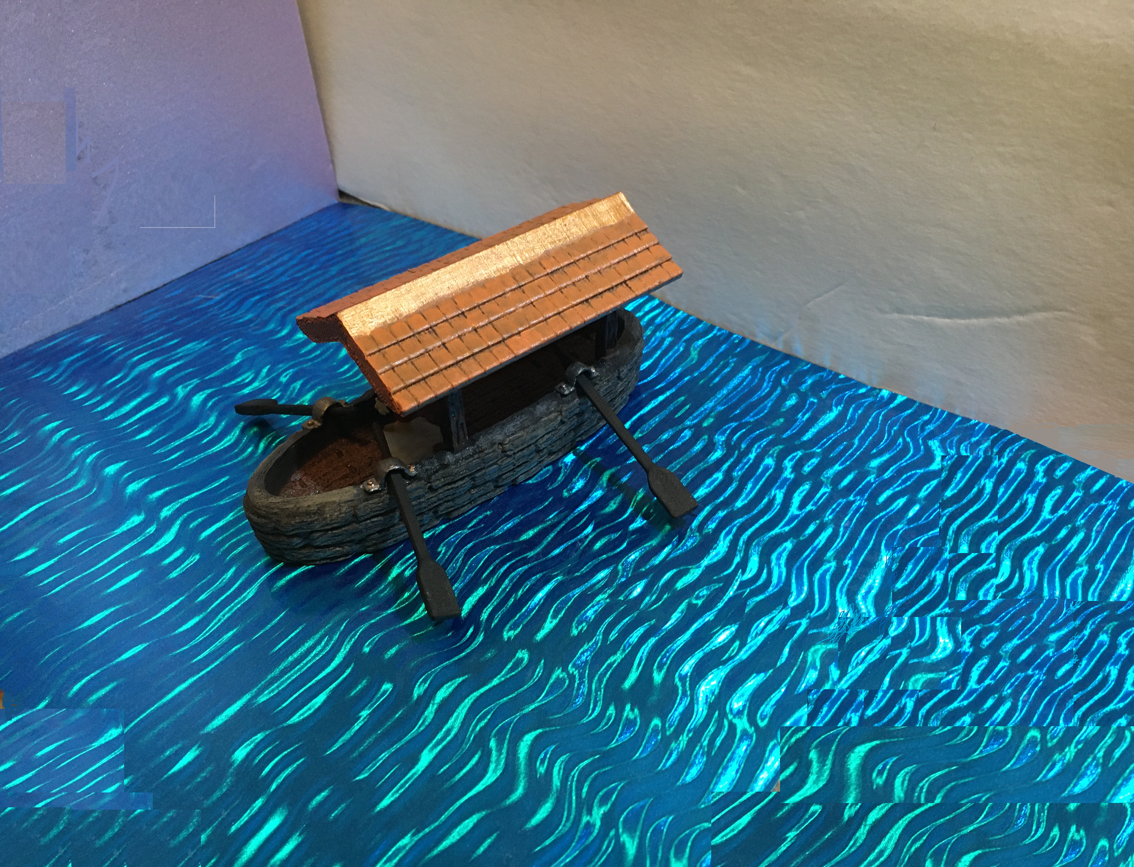 Asian Influenced Covered Boat with Oars