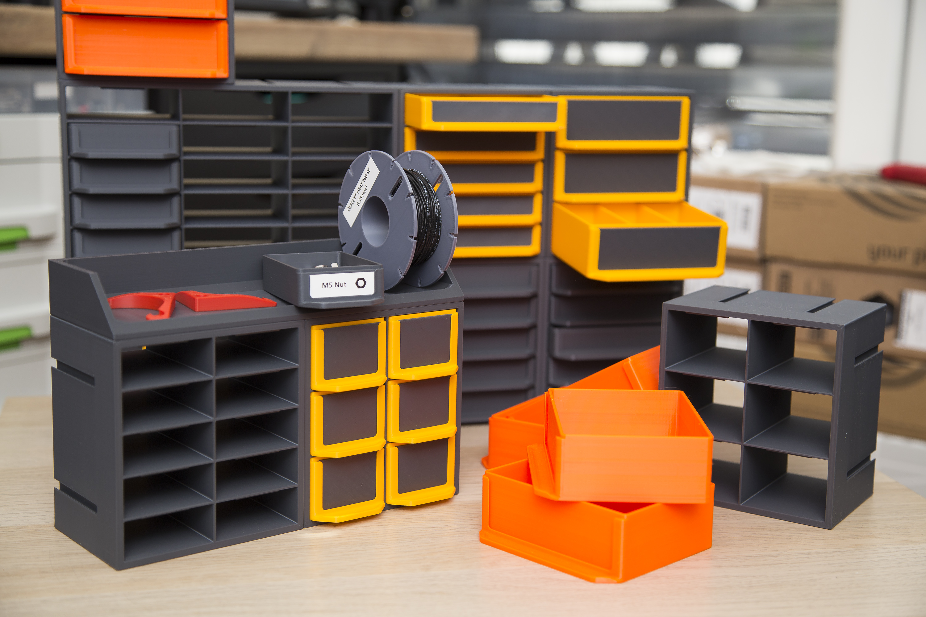 Cardboard Bins on Sliding Shelves, Parts Storage Racks