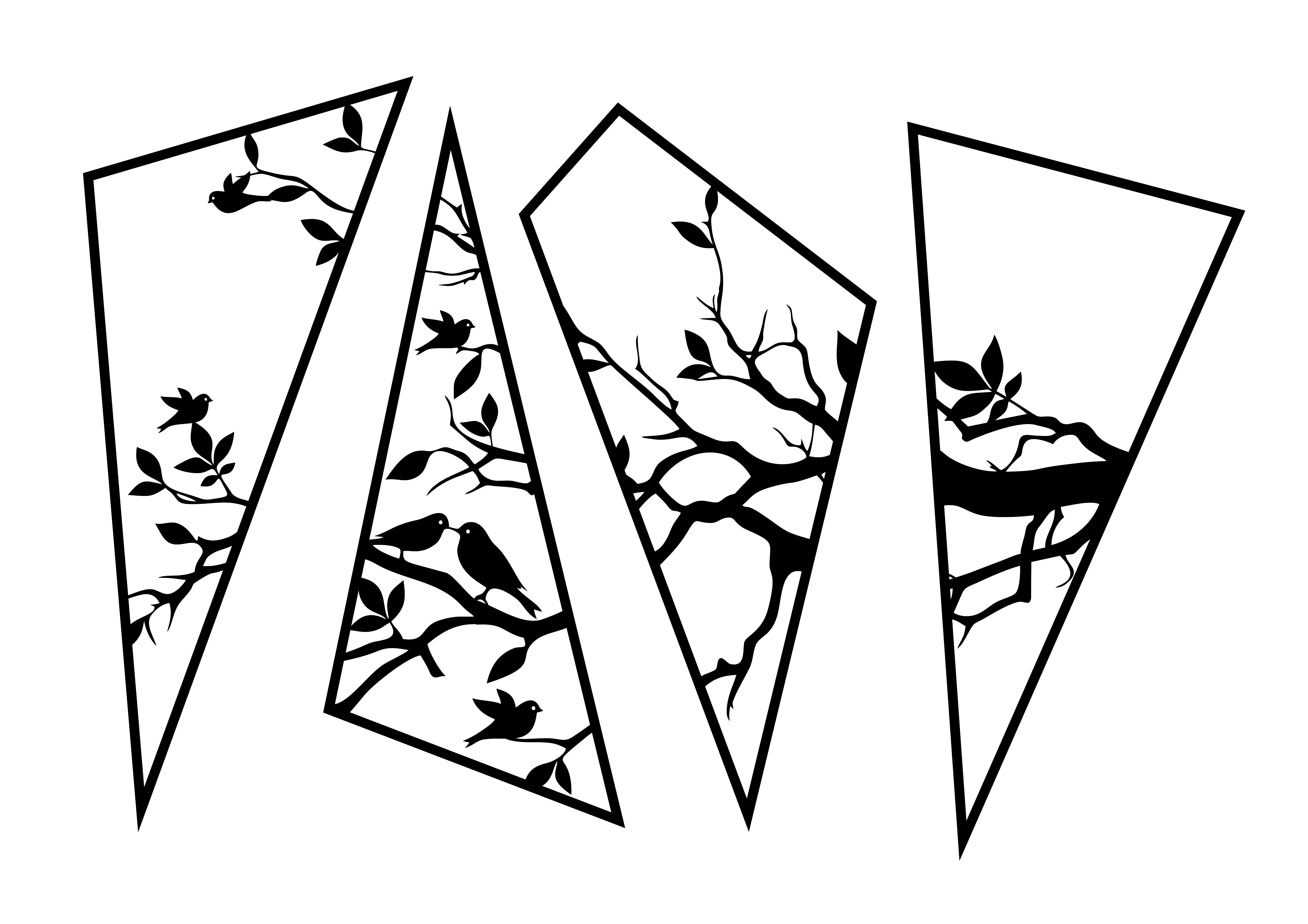4 Panel Branch Bird triangles wall art home décor