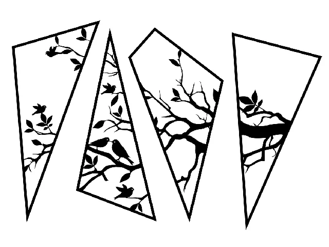 4 Panel Branch Bird triangles wall art home décor