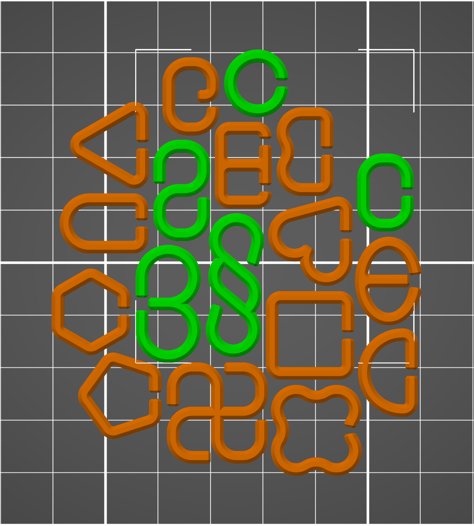 Céčka (C, O, S, 3, §) + přidány nové varianty (B, bumerang, čtverec, čtyřlístek, D, "dlouhé D", E, EURO, G, pětiúhelník, srdce, šestiúhelník, trojúhelník)