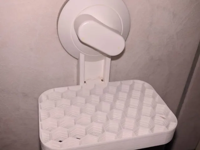 Soap holder in combination with IKEA Tisken/Stugvik suction hook.
