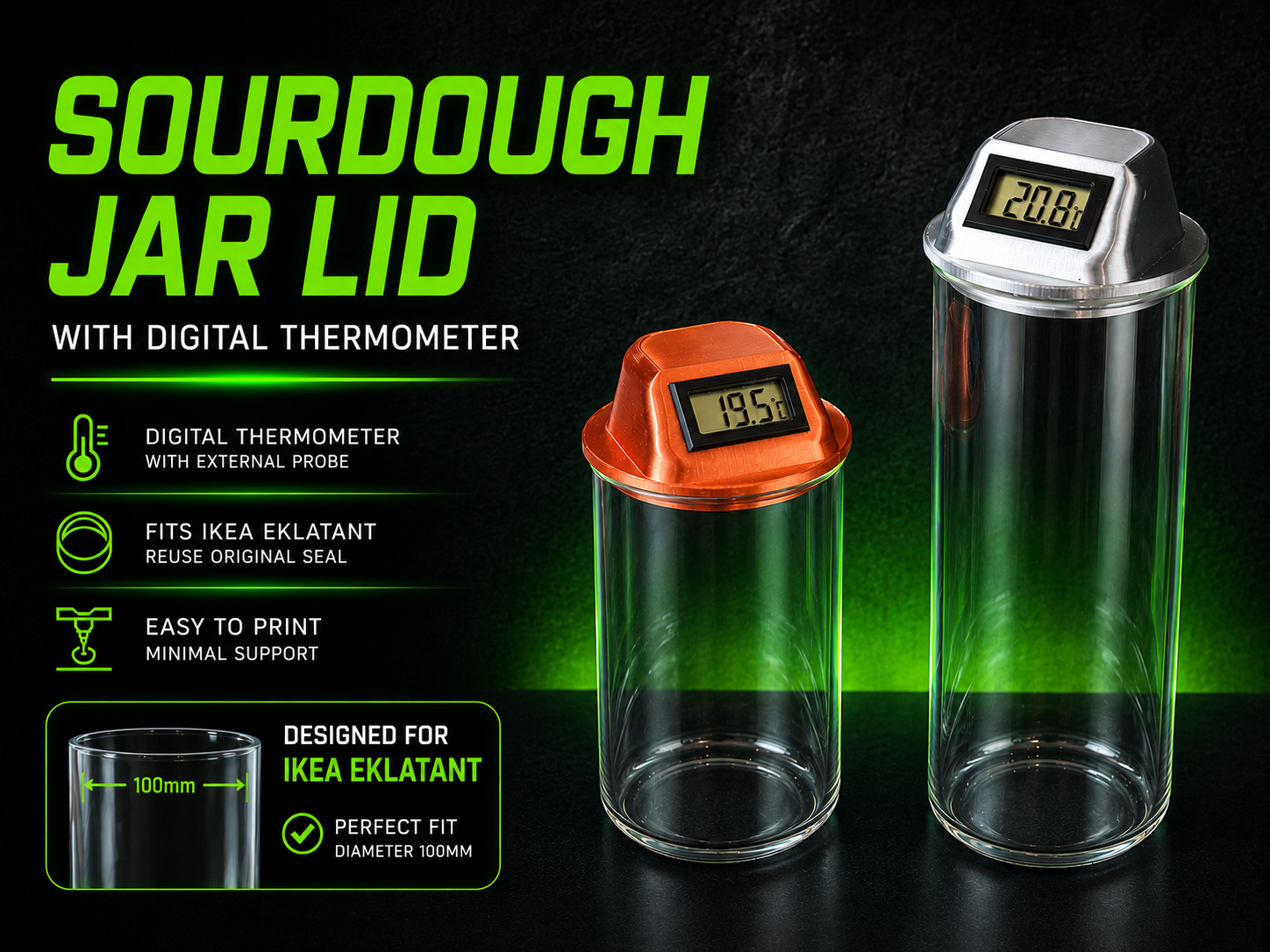 Sourdough Jar Lid for IKEA EKLATANT with Digital Thermometer & Temperature Probe