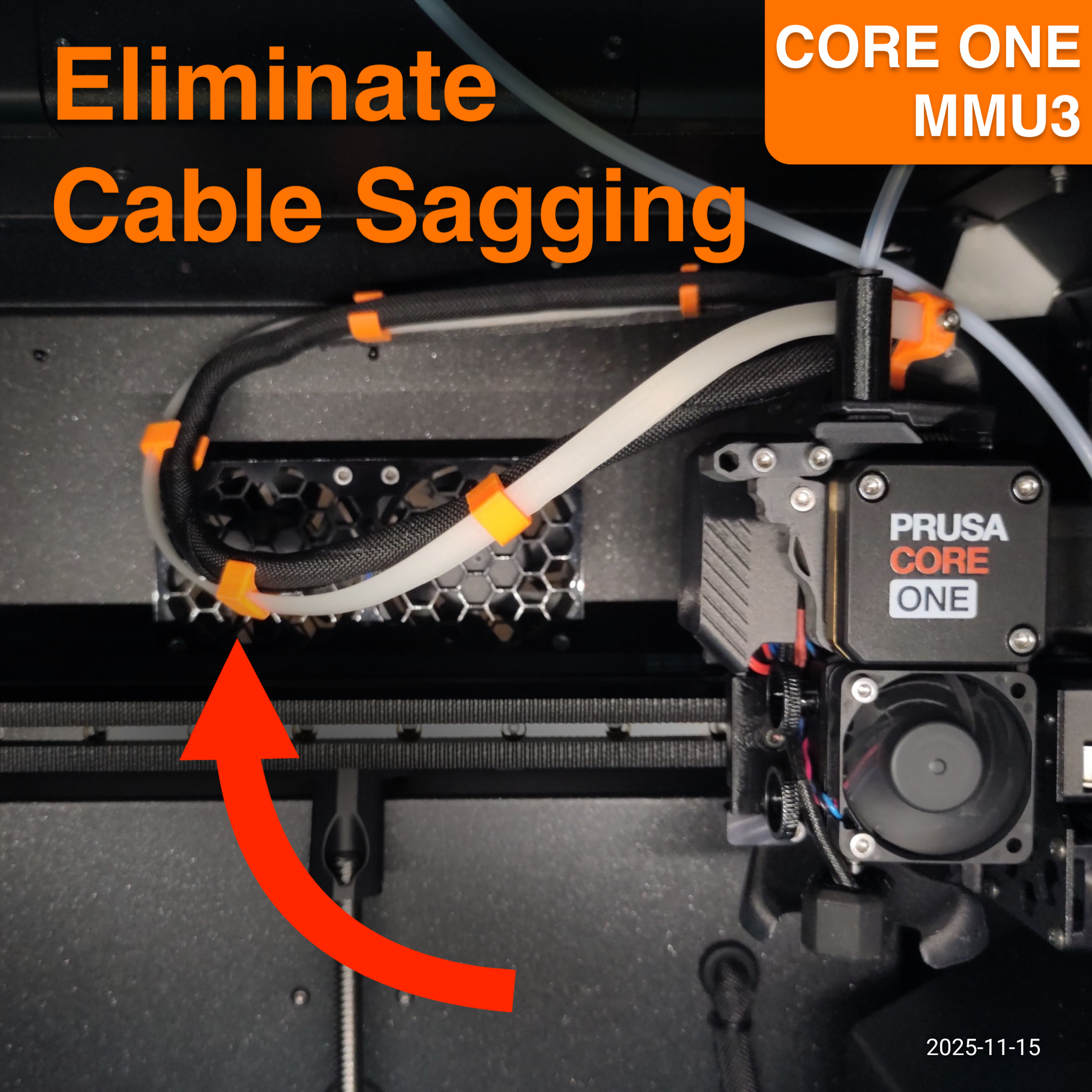 Anti-Sag：Improved CORE One Extruder Cable Sag Solution, MMU3 Sag fix, With or without MMU, SwingArm support improved, step-by-step guide