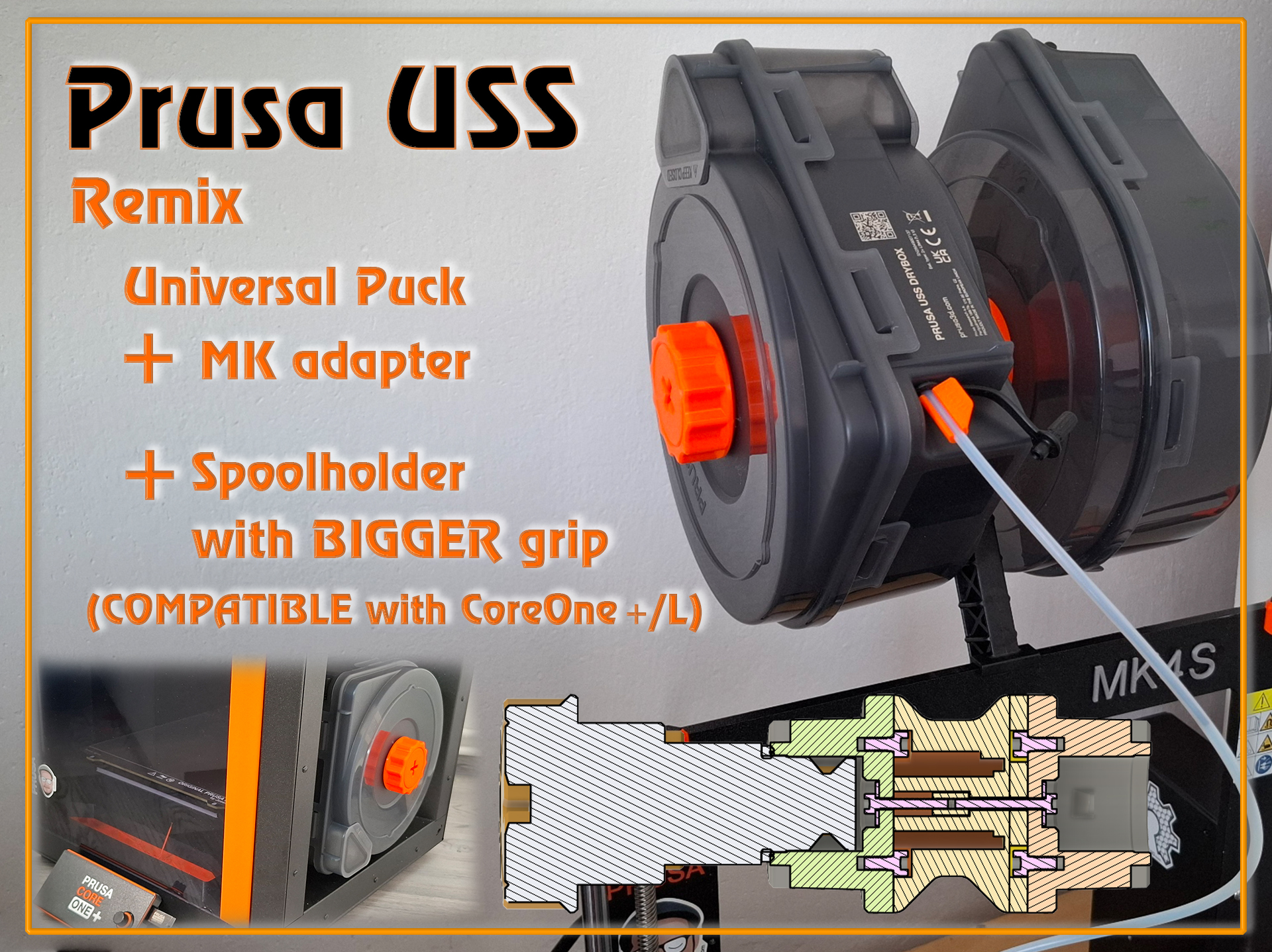 Prusa USS Drybox_MK adapter+universal Puck remix + Spool holder with Biger Grip.  CoreOne+/L compatible