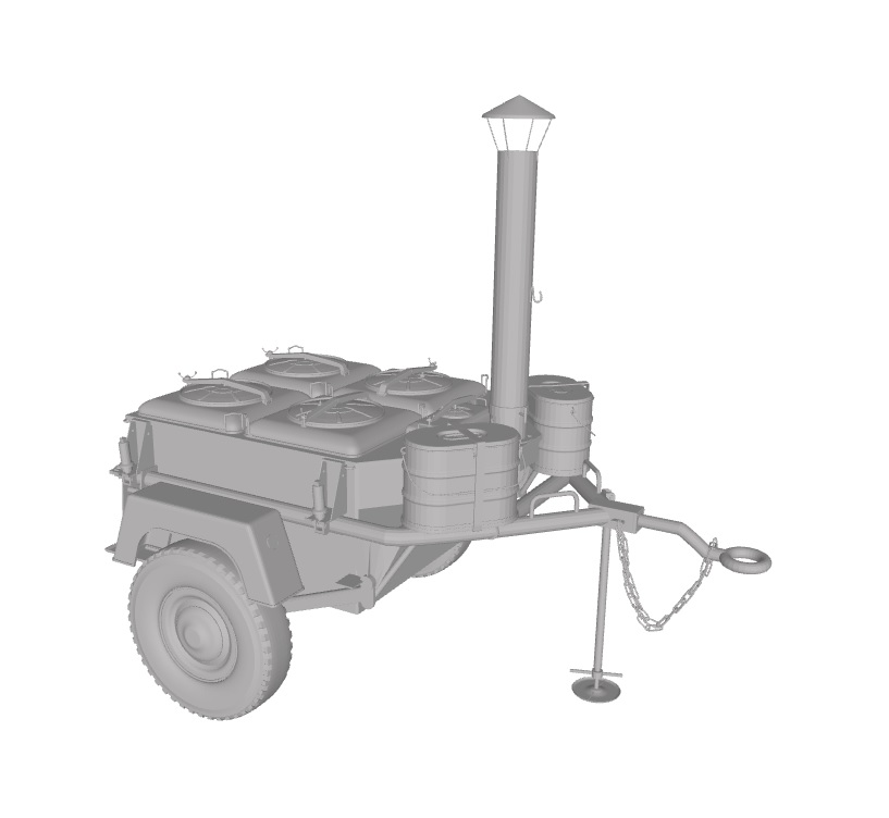 Trailer designed for cooking and organizing hot meals for soldiers