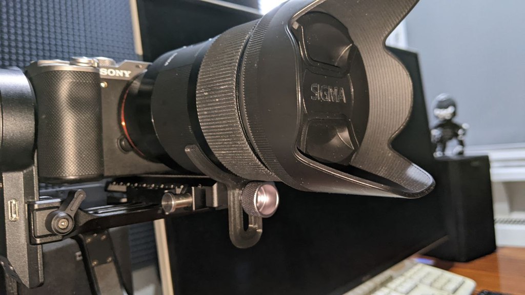 camera lens support fork on gimbal (74mm lens) by alien hitman