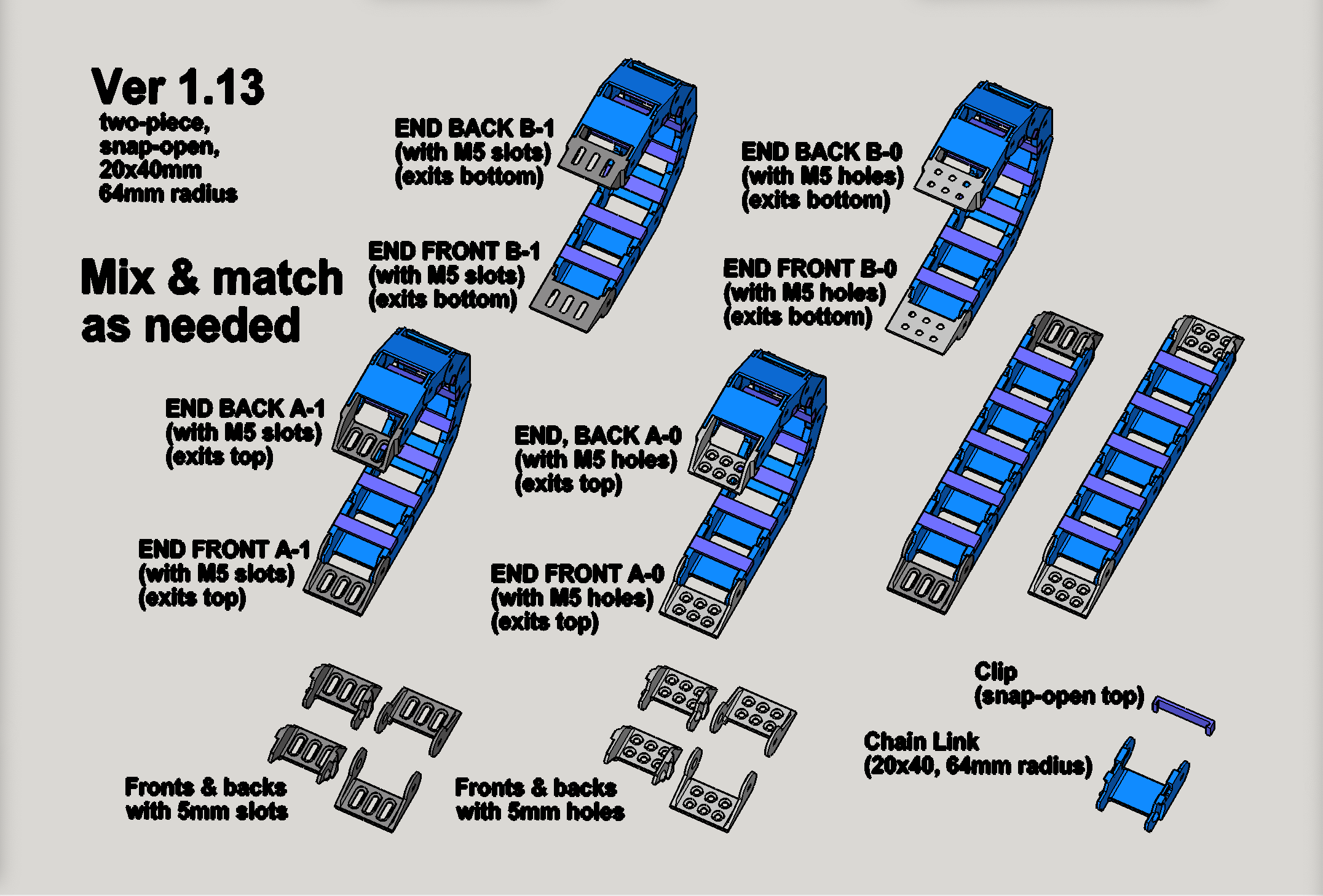 Drag Chain for CNC, twopiece, snapopen, 64mm radius, choose from two