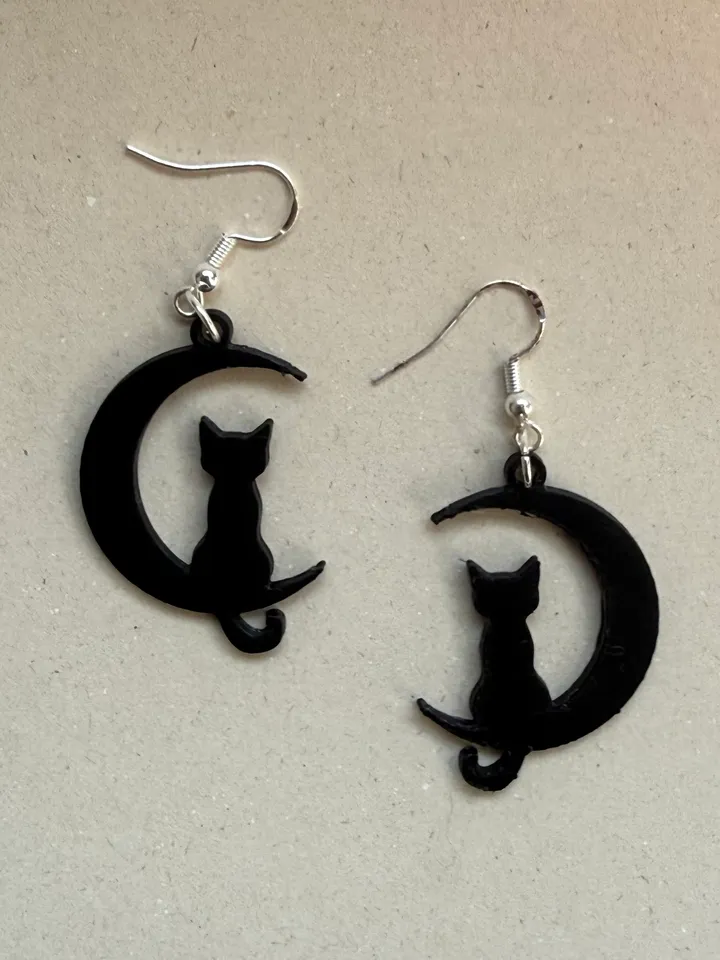 Black Cat Moon Earrings - Faux Leather Dangle Earrings, Lightweight, Hypoallergenic, Handmade Minimalist Jewelry - View #6