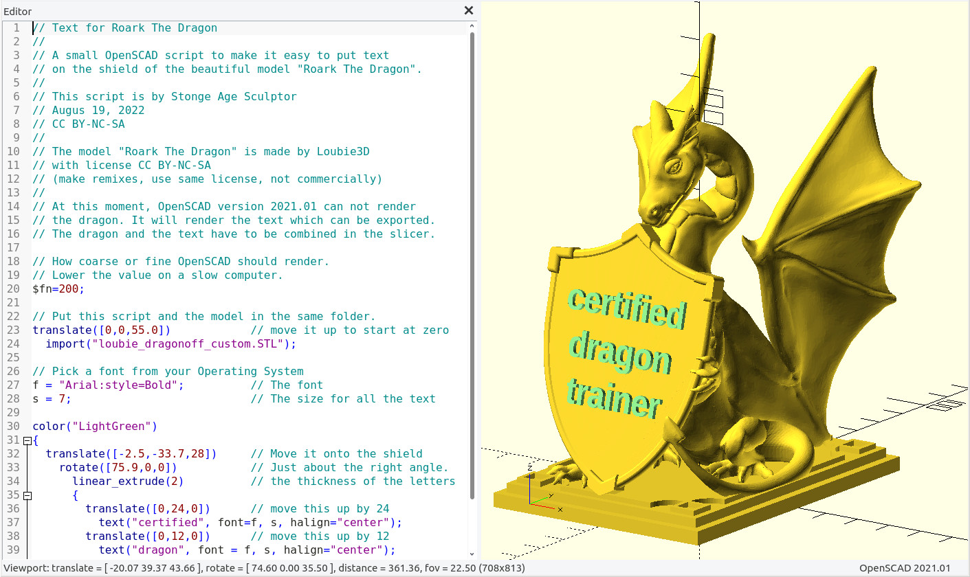 Text for Roark The Dragon (OpenSCAD)