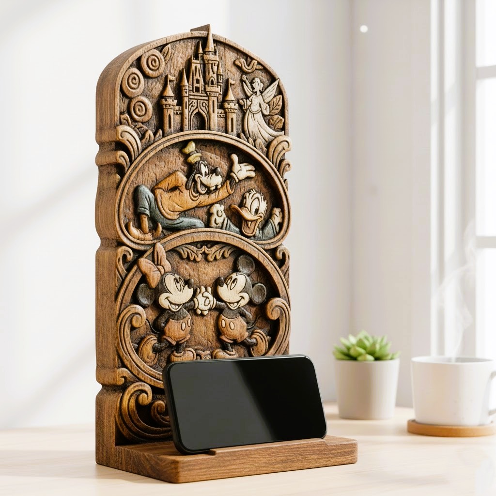 Disney Phone Holder - Carved Wood Relief Style 3D Print Model