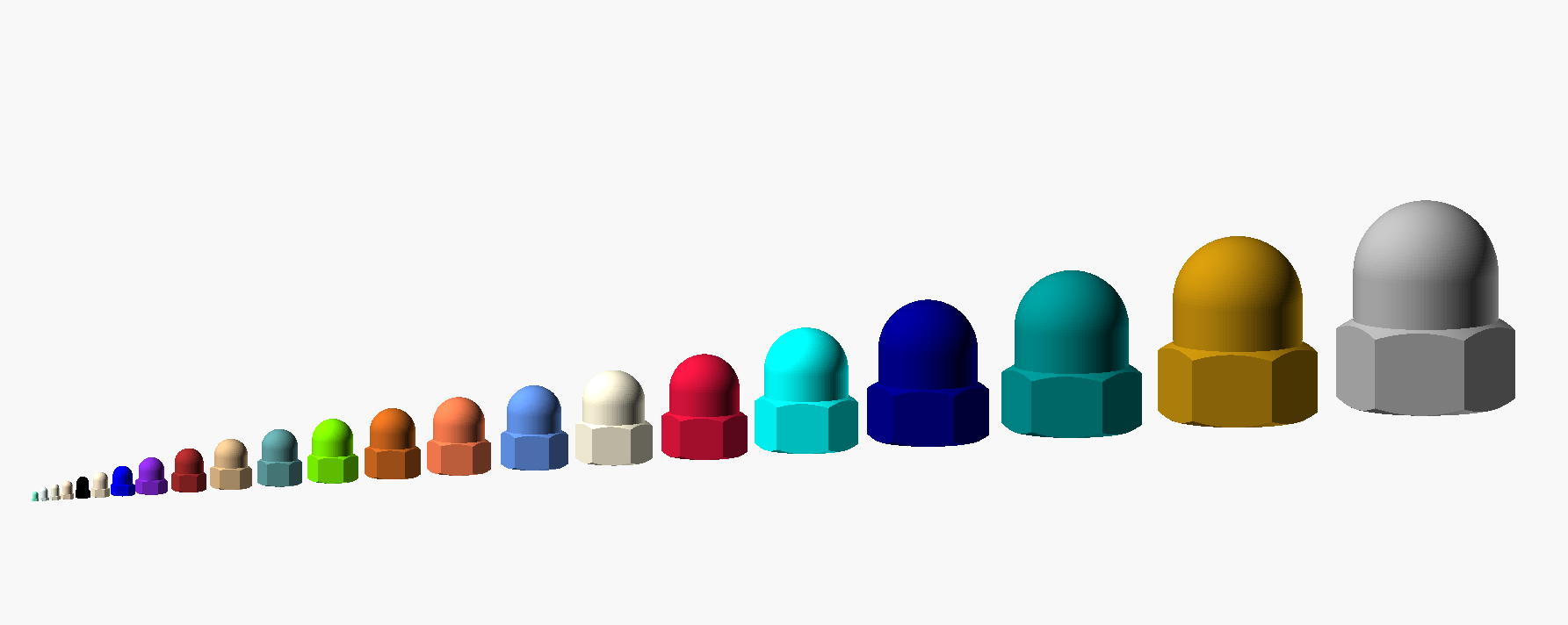 Complete Set of Metric Acorn Dome Cap Nuts M2, M2.5, M3, M4, M5, M6, M8, M10, M12, ..., M64 3D model thumbnail