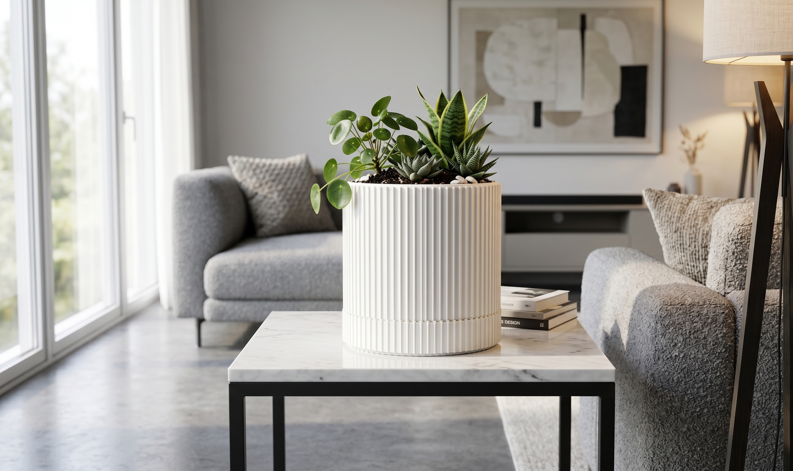 Modern Fluted Plant Pot with Base 3D model