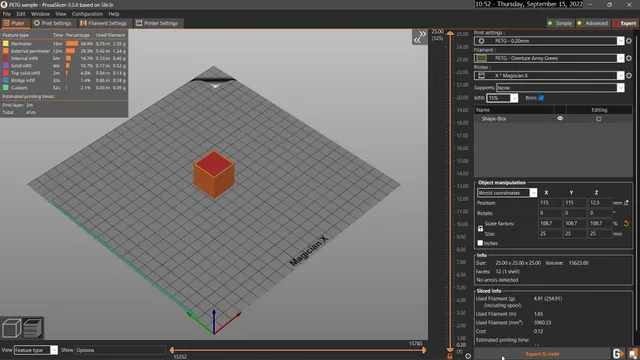 Sample Square - PETG for PrusaSlicer on Mingda Magician Series printer