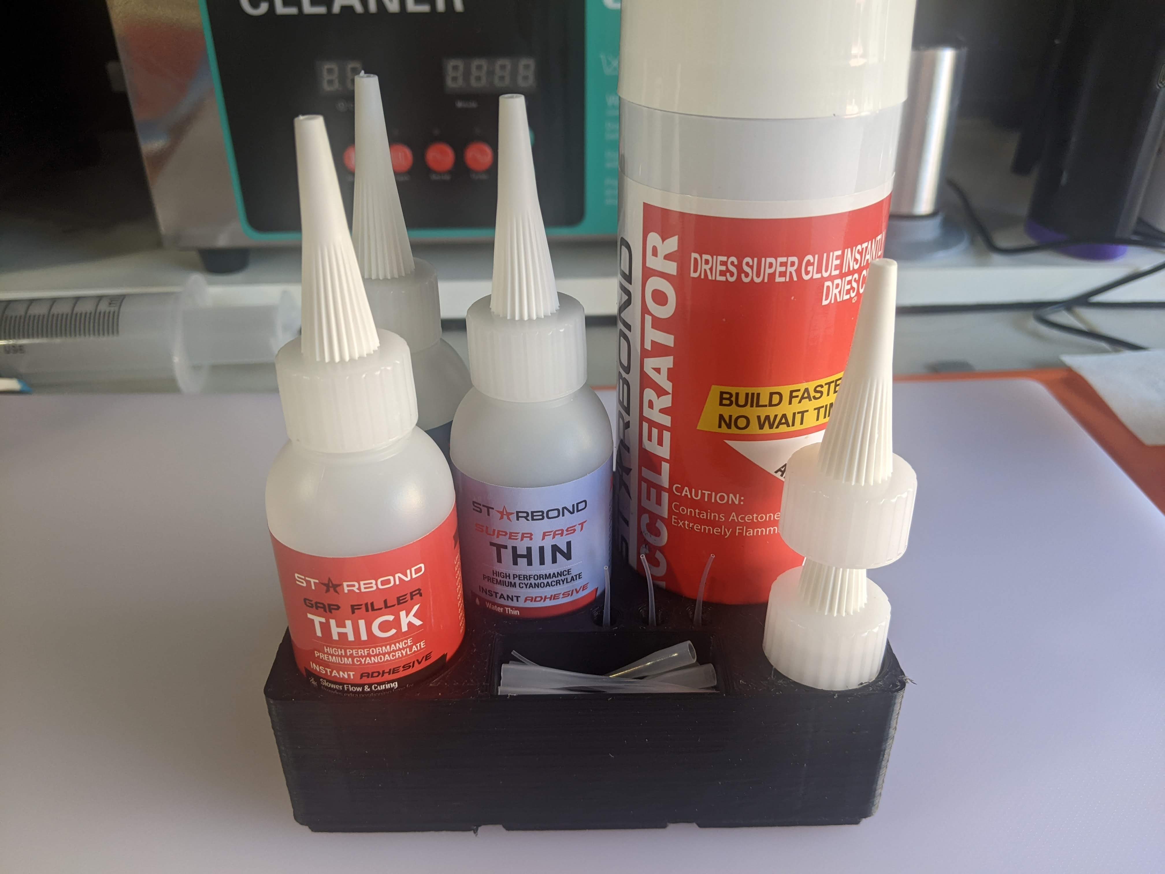 Starbond ca glue variety pack holder. 3 2oz bottles, 1 accelerate can, spare caps.  Gridfinity 2x3
