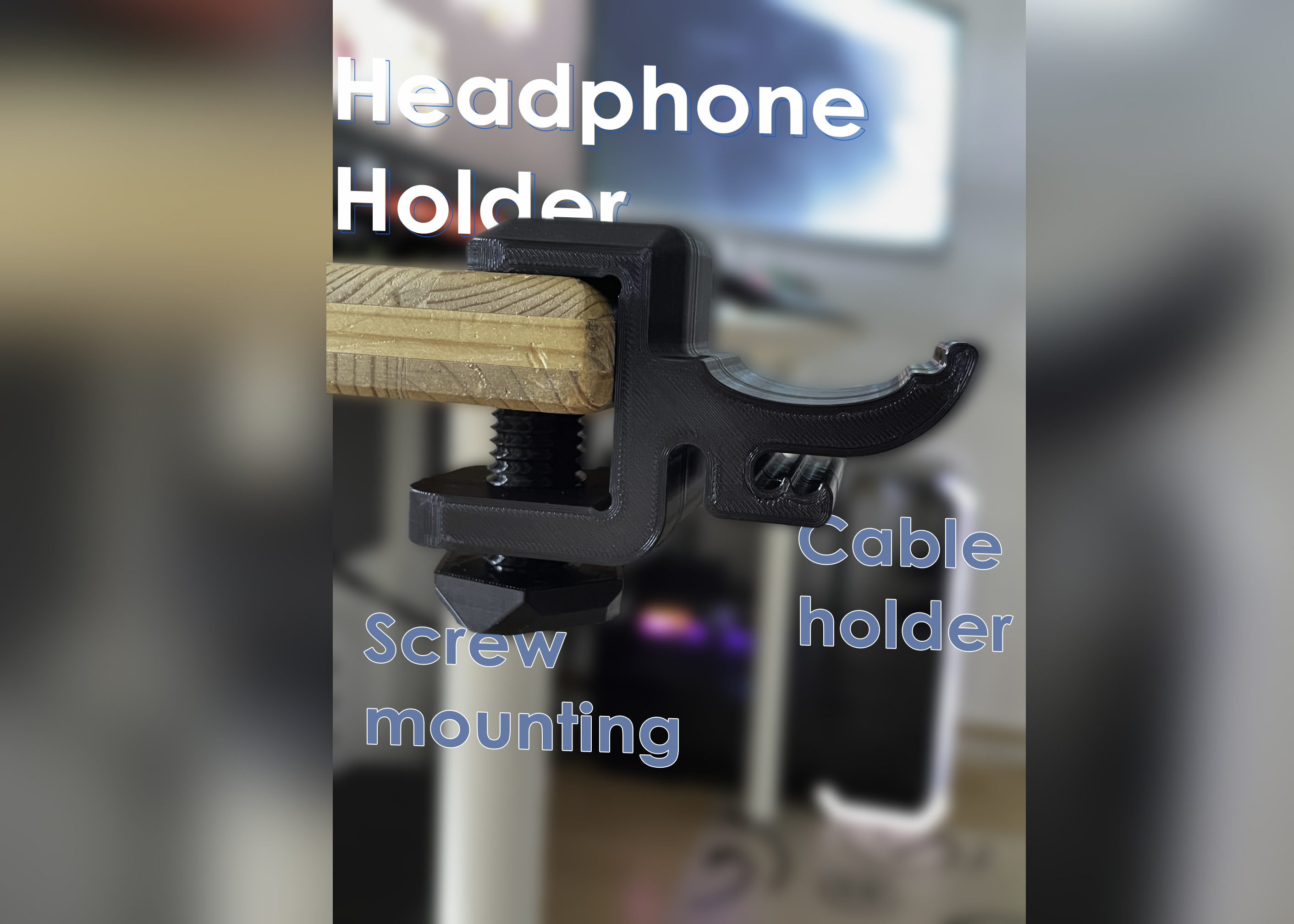 Headphone Holder - Desk Mount with Screw -Short Cable Holder