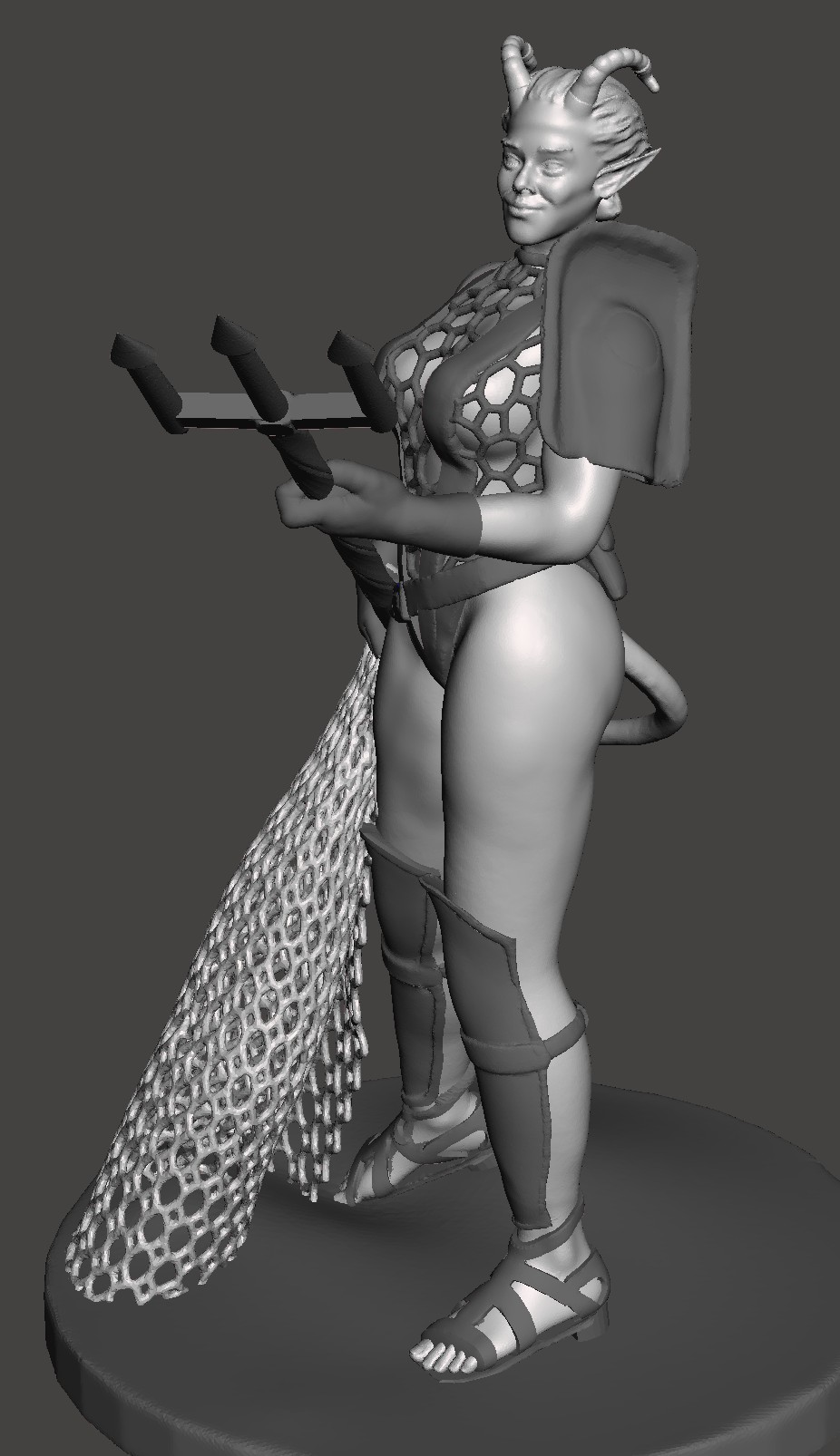 Frisky Tiefling Female Gladiator - Retiarius with trident, net, and dagger; leather + fishnet armor