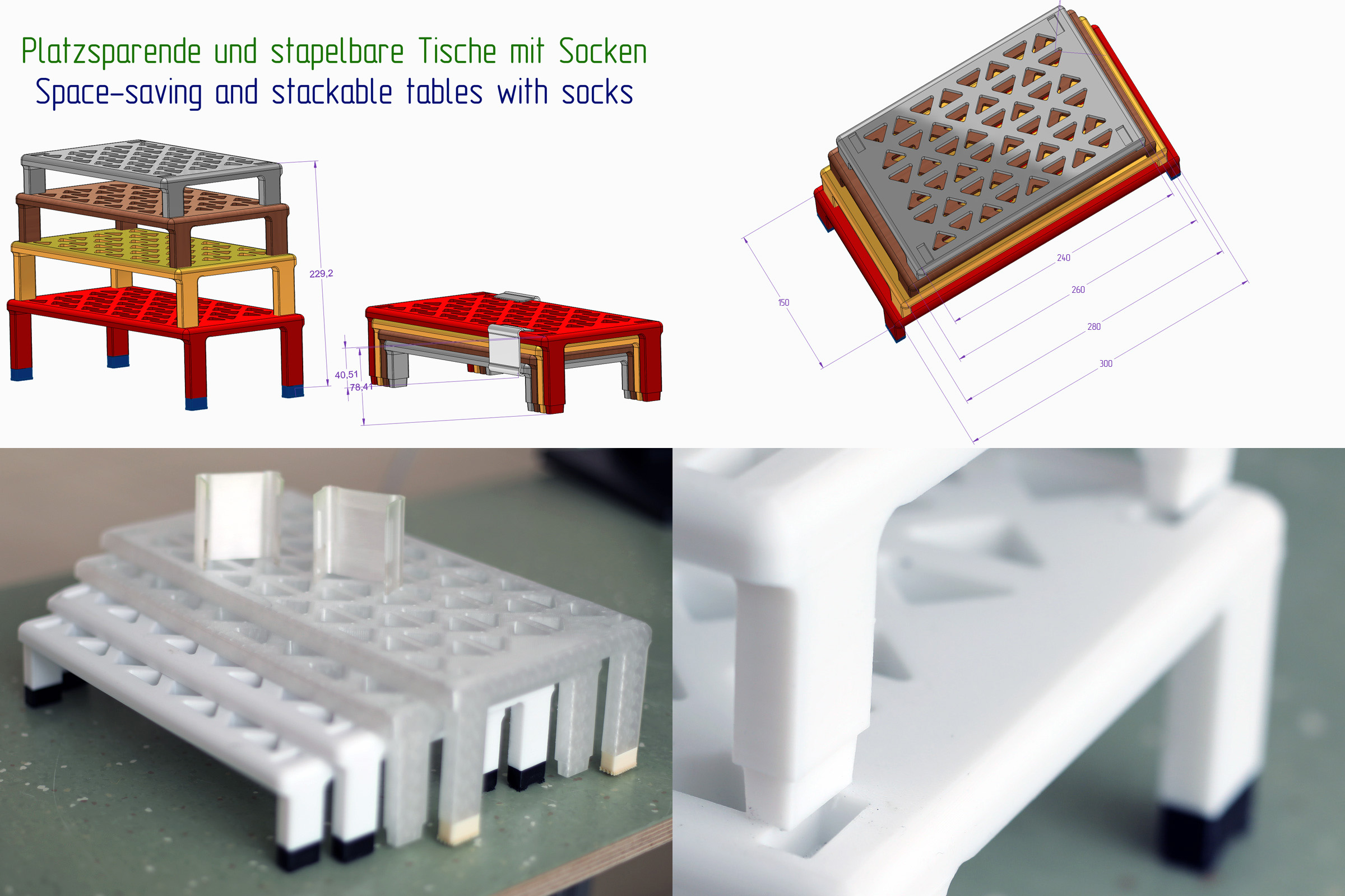 Platzsparende stapelbare Tische mit Socken / Space-saving stackable tables with socks