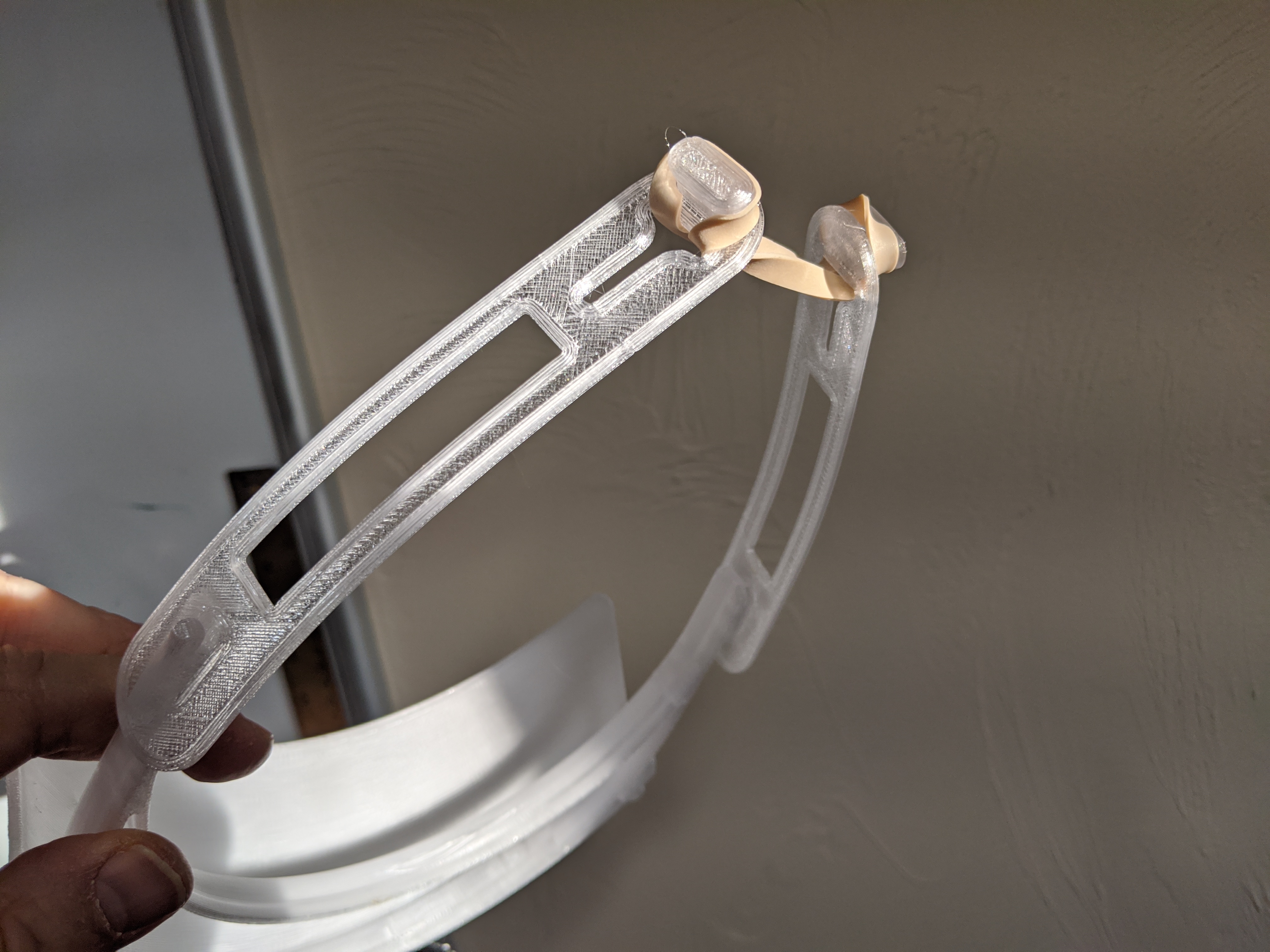 Prusa-style COVID face shield material saver & band replacement