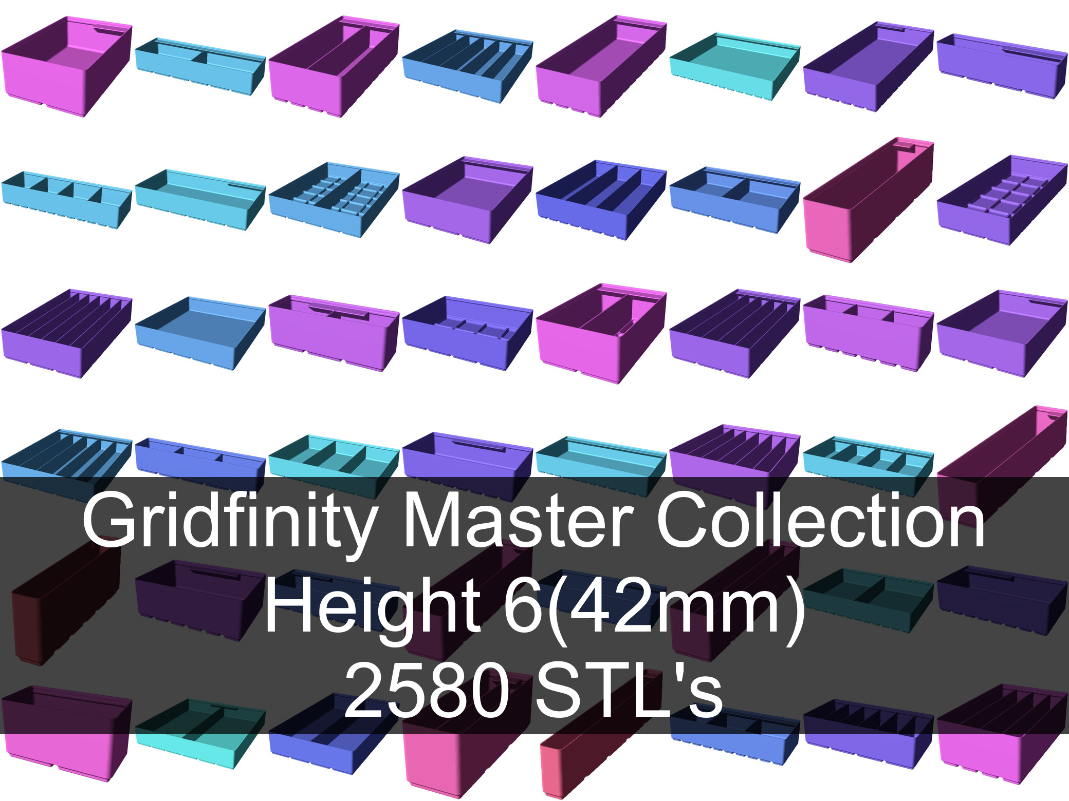 Gridfinity cups height 6 (46mm) collection 3D model thumbnail
