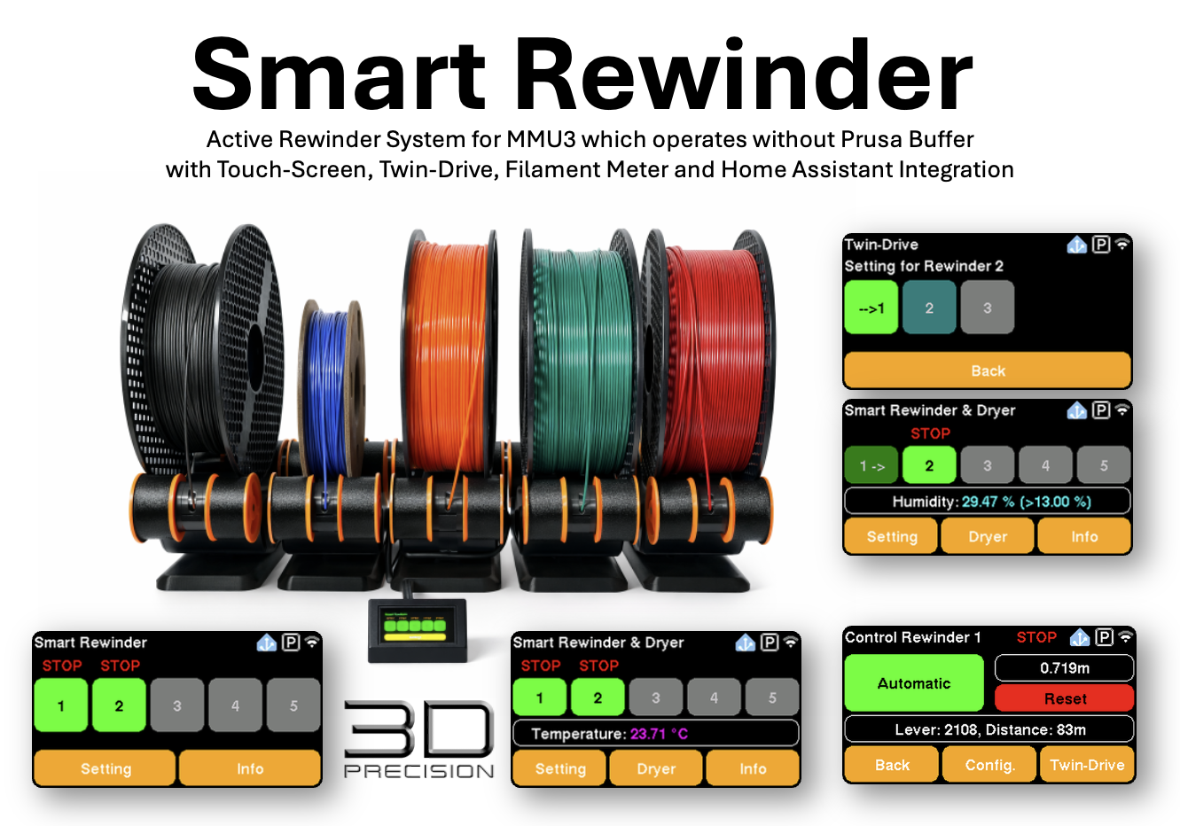 Active Smart Rewinder for Prusa MMU3 - stand-alone and CORE CUBE integration avoiding the usage of a buffer.