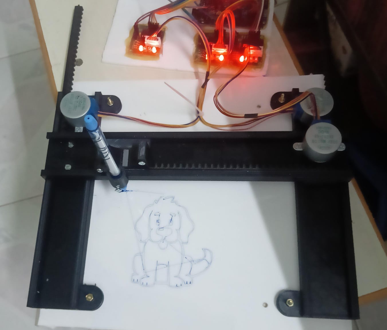 3D-printed plotter with a two-sided supported Y-axis and dual motors.