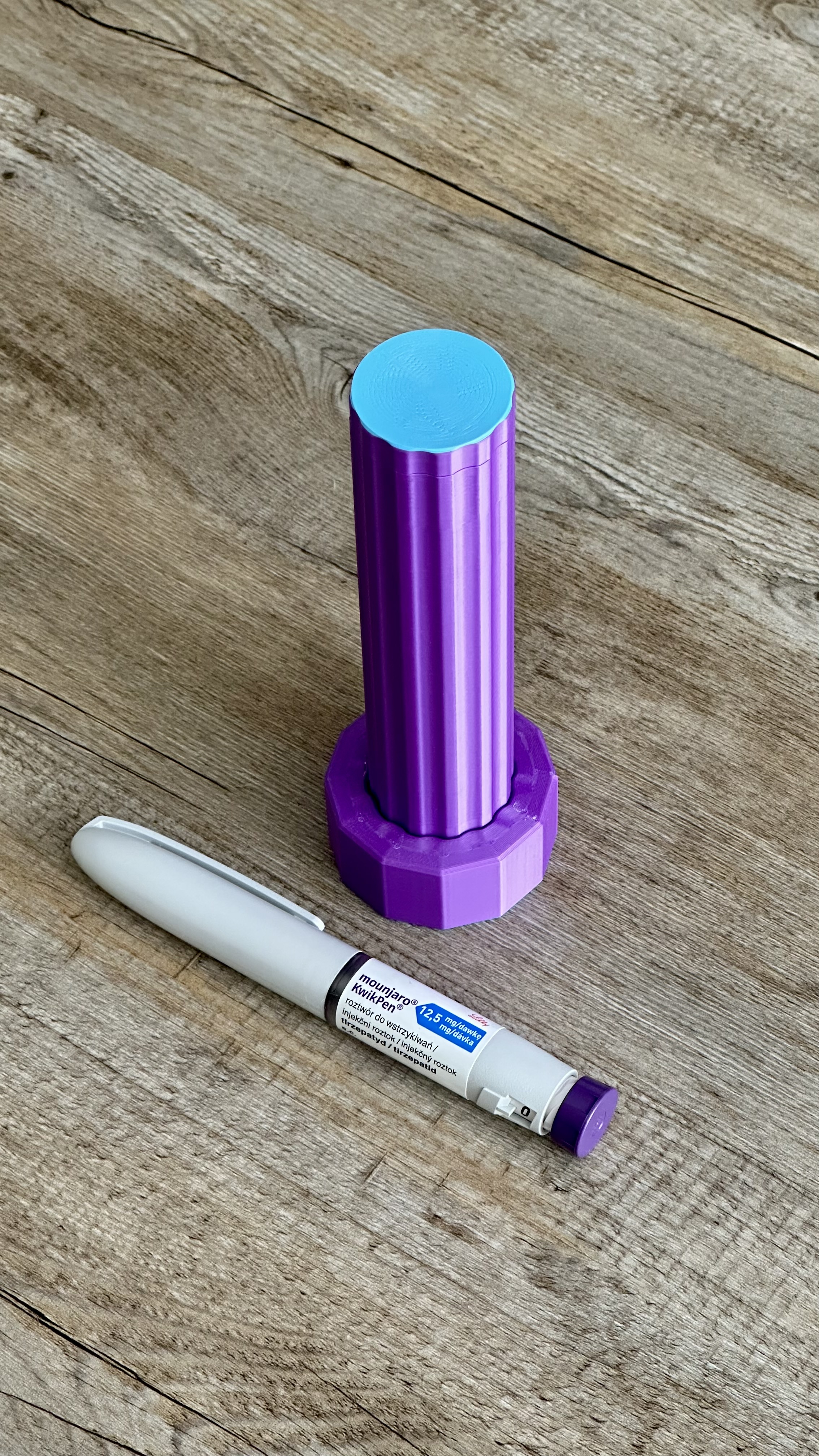 Protective fridge stand and removable travel tube for Mounjaro KwikPen