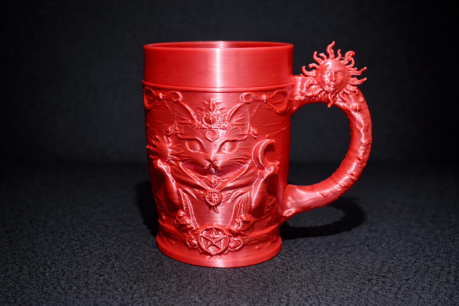 Cat Ritual Cup With Pentagram Sigils And Sun Face Handle