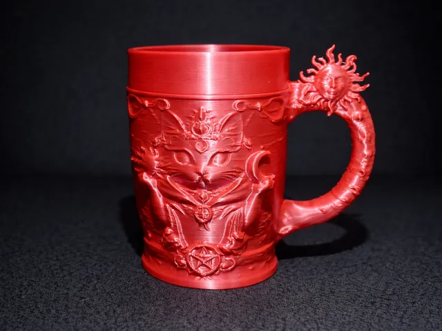 Cat Ritual Cup With Pentagram Sigils And Sun Face Handle