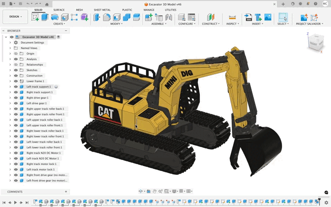RC Excavator – Fully Assembled Fusion 360 Model and CAT logos