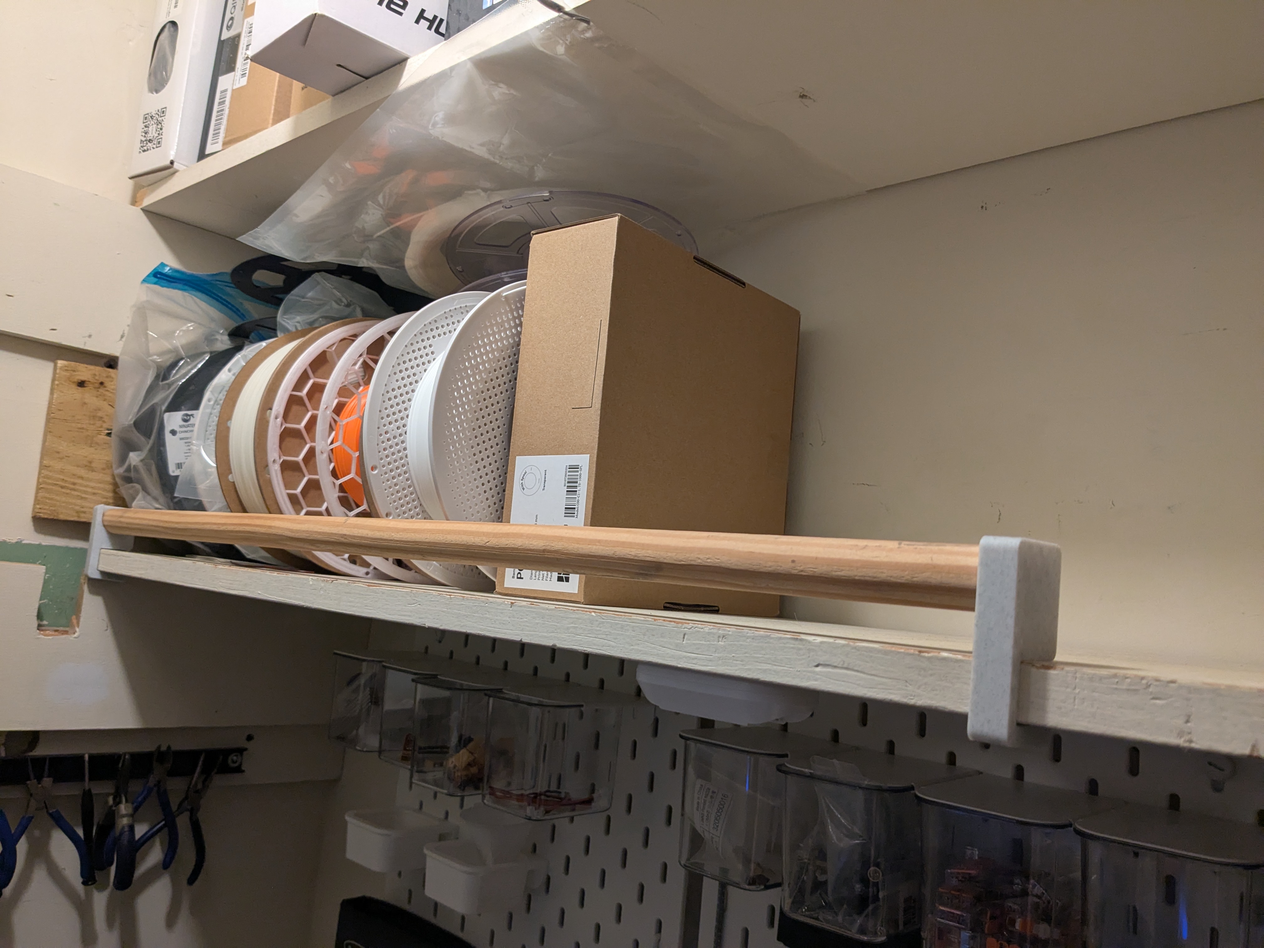 Push on Shelf Dowel Holder - Stop filament spools from rolling off shelf