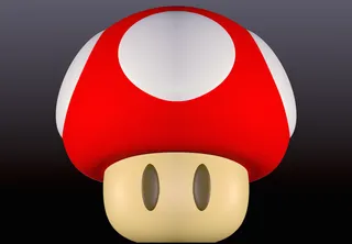 Mario holds a Super Mushroom in a vibrant Super Mario Bros. inspired